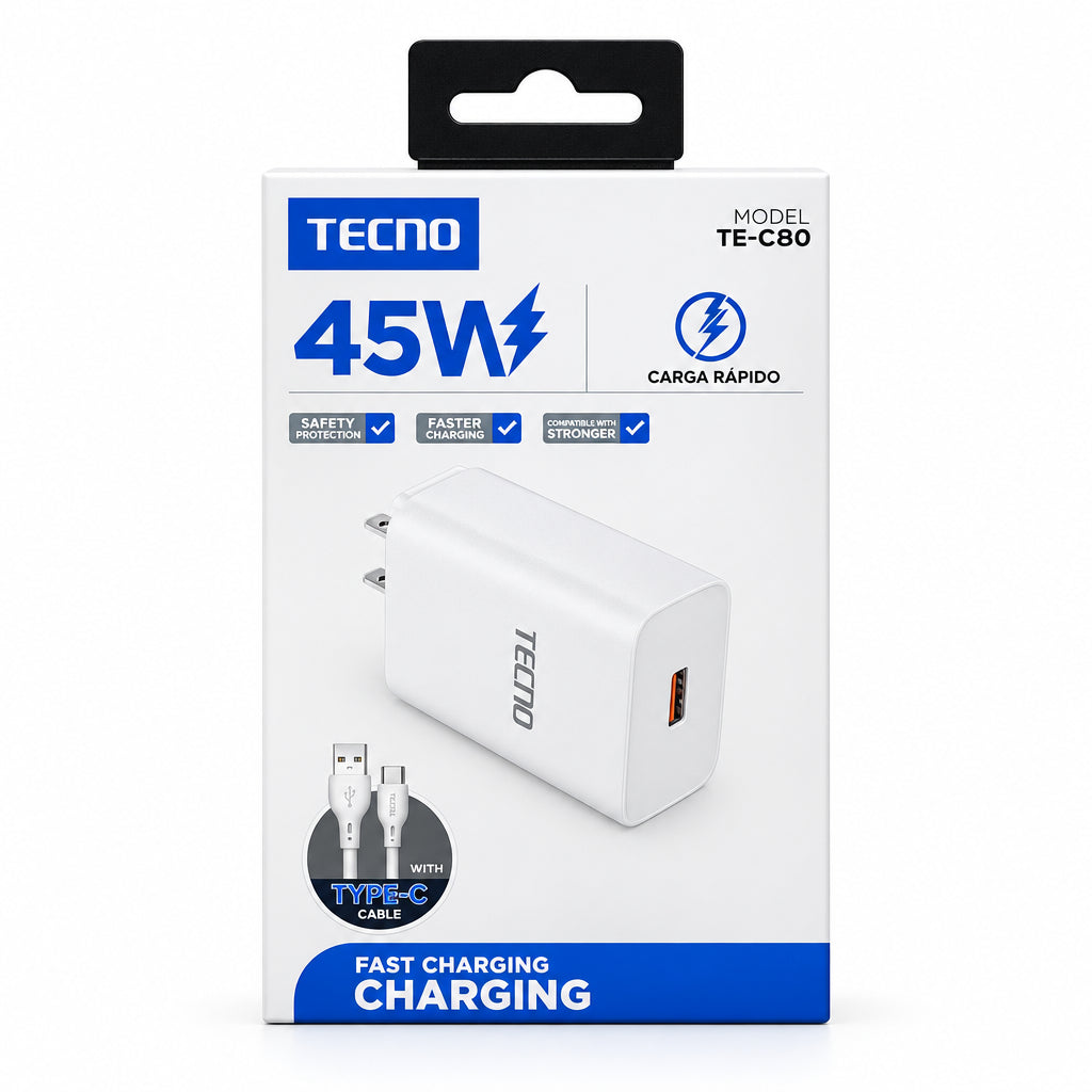 Cargador de Carga Rápida Tecno 45W con Cable Tipo-C TE-C80)