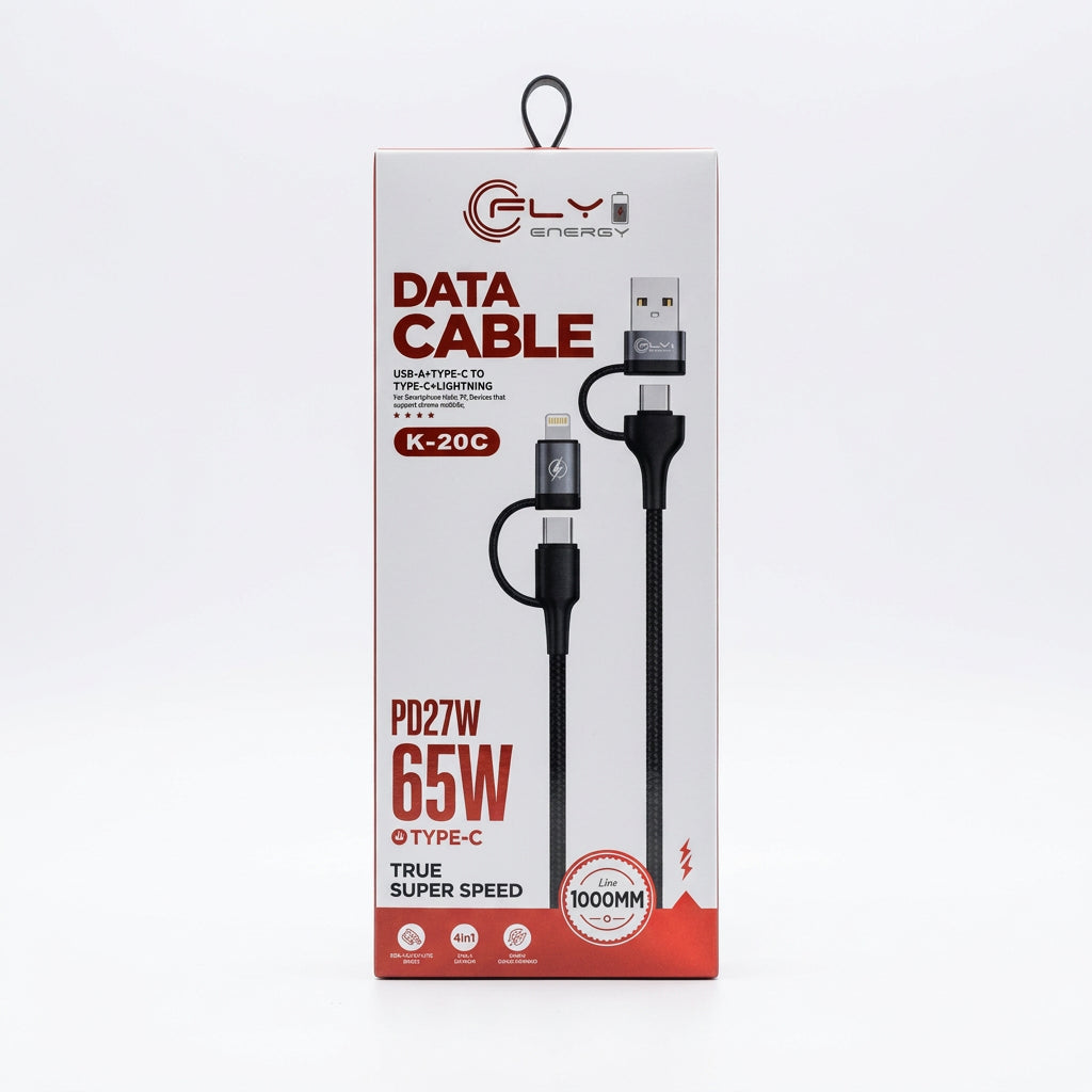 Cable Mutipuerto 4 en 1 FLY 65W / PD27W (Data Cable USB-A + TYPE-C to TYPE-C + LIGHTNING - Modelo K-20C